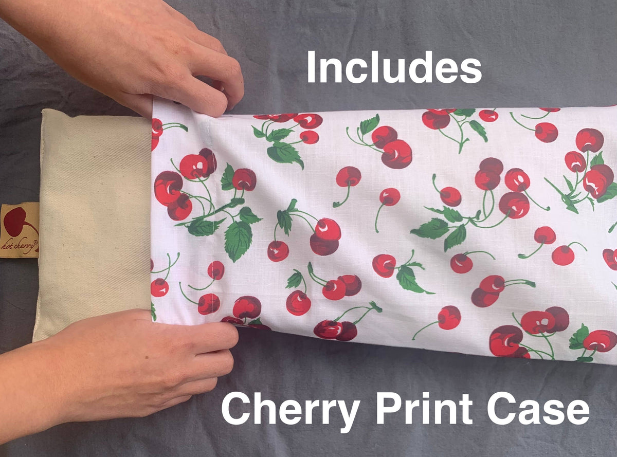 Hot Cherry Pillows - Cervical Neck Pillow - Unbleached Denim, Cherry Print Case