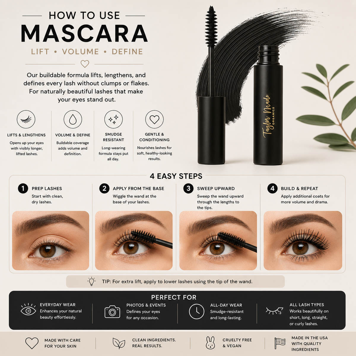 Taylor Made Organics - Mascara | Clean Beauty – Volumizing, Lengthening & Non-Toxic