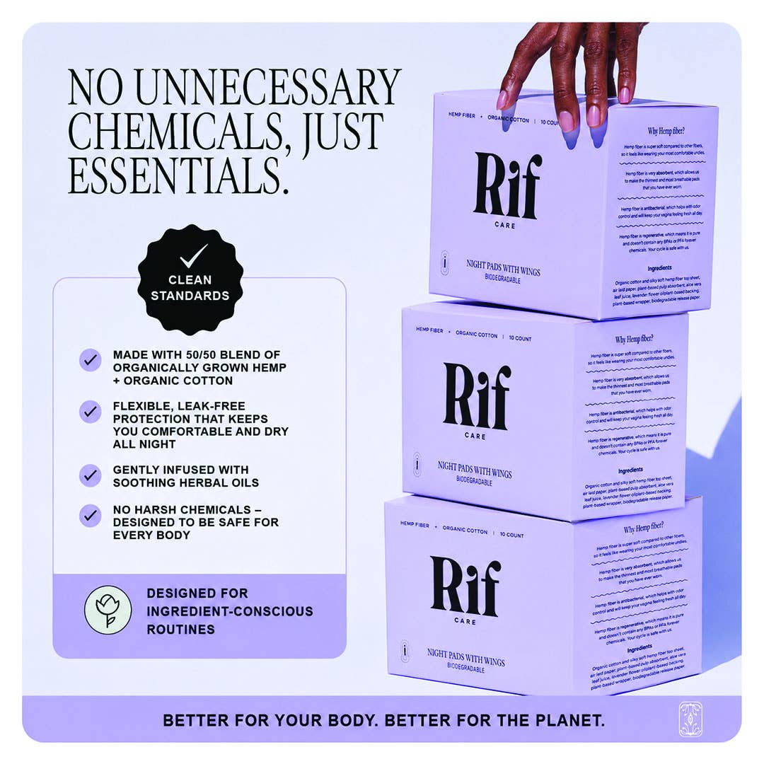 Rif Care - Night Organic Biodegradable Hemp Fiber Long Pads  (10 ct)