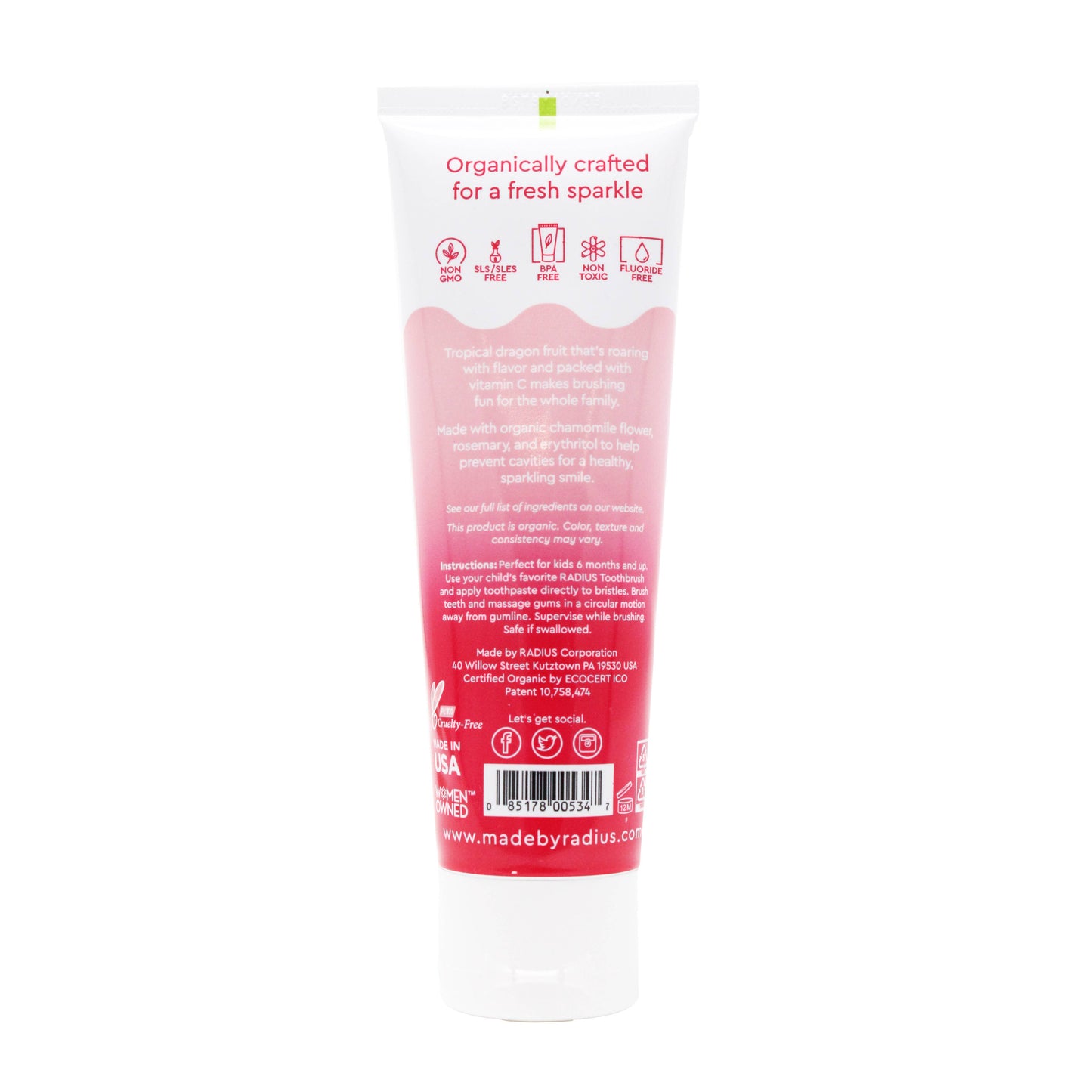 RADIUS - USDA Organic Children's Dragon Fruit Toothpaste, 6 mo +, 3oz