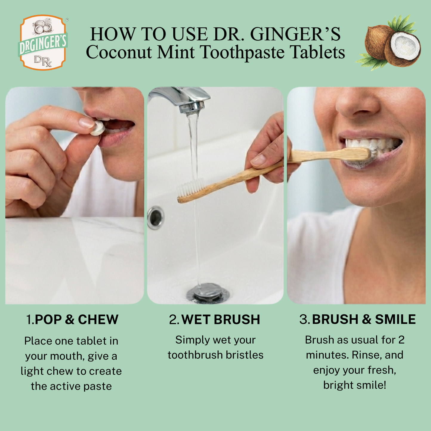 Dr. Ginger's | Coconut Powered Oral Care - Toothpaste Tablets | Coconut Powered | Eco & Travel Friendly
