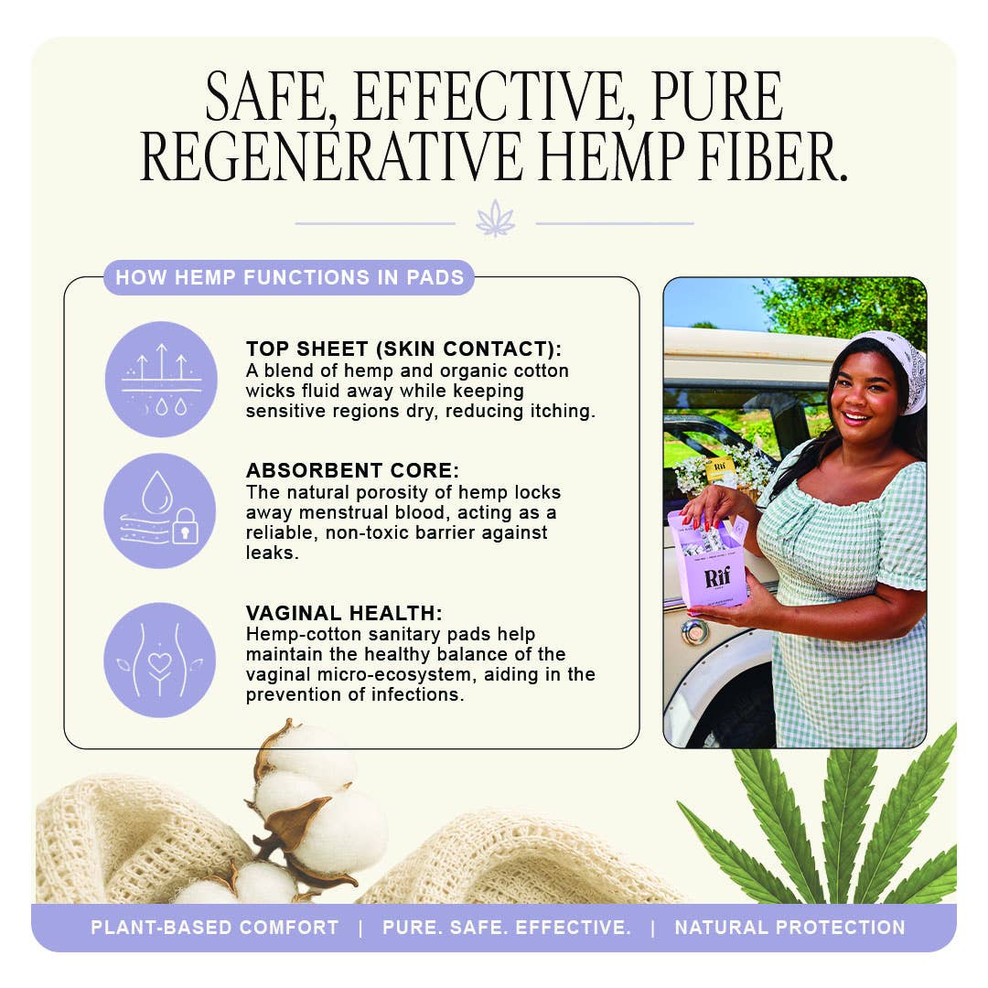Rif Care - Night Organic Biodegradable Hemp Fiber Long Pads  (10 ct)