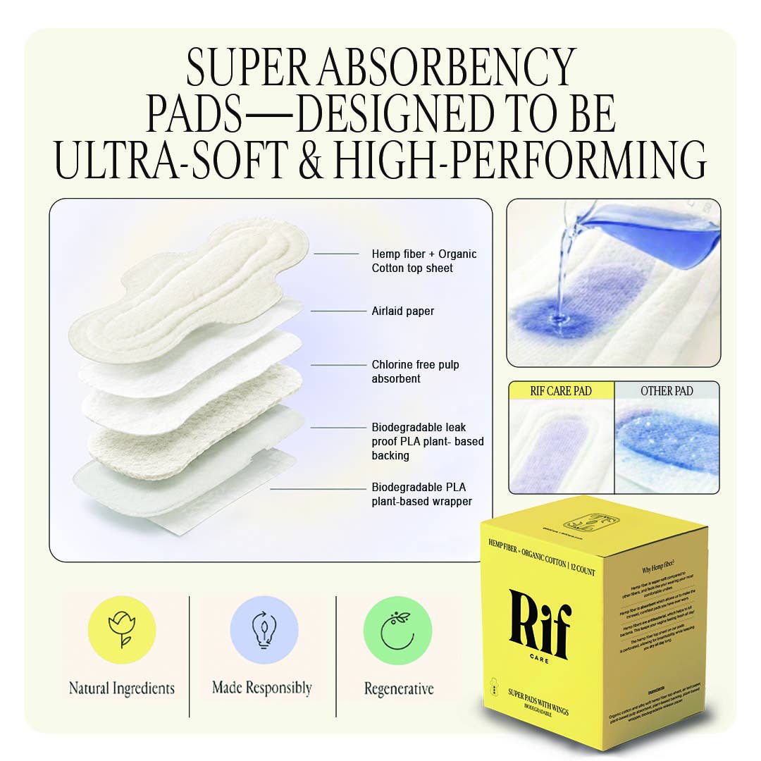 Rif Care - Super (12 ct) Organic Biodegradable Hemp Fiber Pads