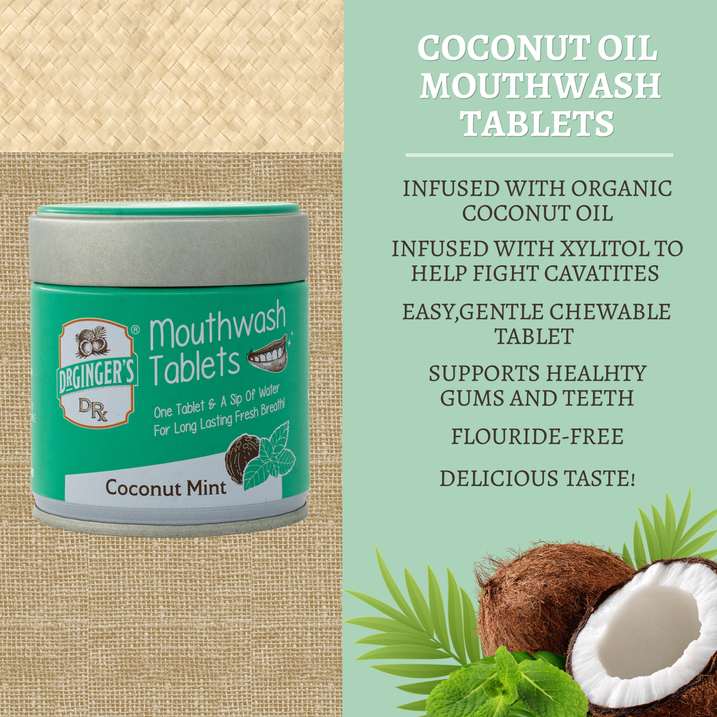 Dr. Ginger's | Coconut Powered Oral Care - Mouthwash Tablets | Coconut Powered | Eco & Travel Friendly