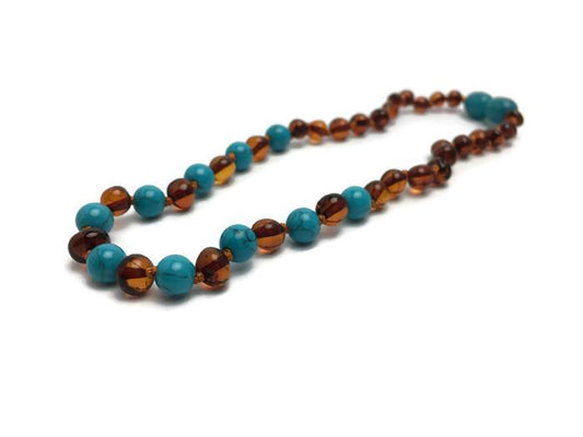 Baltic Essentials - Polished Cognac Turquoise Baltic Amber Necklace for Baby, Infant, Toddler, Big Kid.