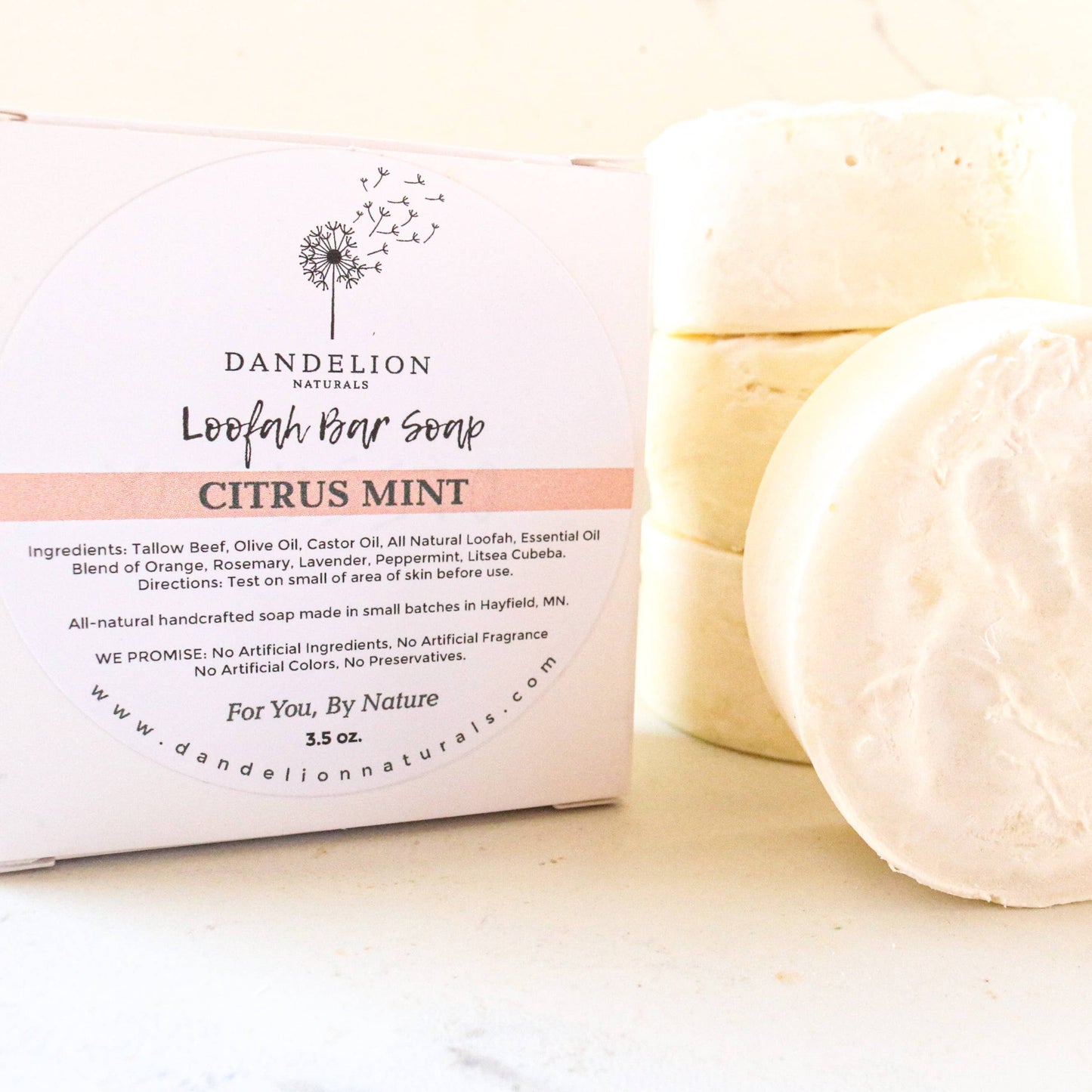Dandelion Naturals - Exfoliating Tallow Bar Soap with Loofah | Citrus + Mint