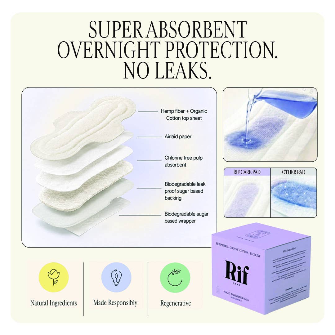 Rif Care - Night Organic Biodegradable Hemp Fiber Long Pads  (10 ct)