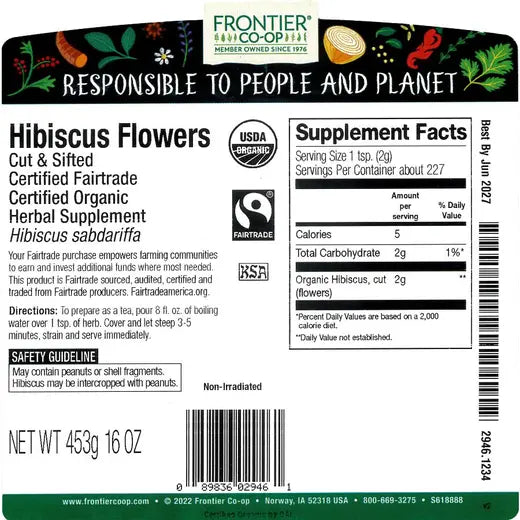 Frontier Co-op Hibiscus Flowers, Cut & Sifted, Organic, Fairtrade Certified