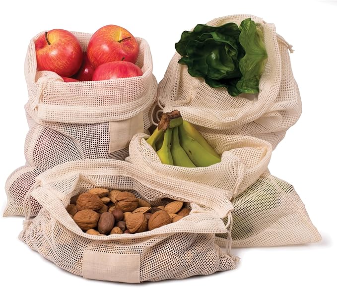 HIC Kitchen Reusable Produce Bags with Drawstring Closure, Unbleached Organic Cotton Mesh, Set of 4 plus Storage Bag