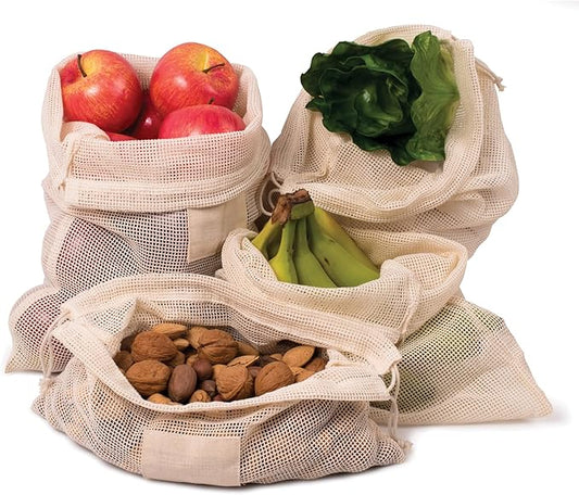 HIC Kitchen Reusable Produce Bags with Drawstring Closure, Unbleached Organic Cotton Mesh, Set of 4 plus Storage Bag