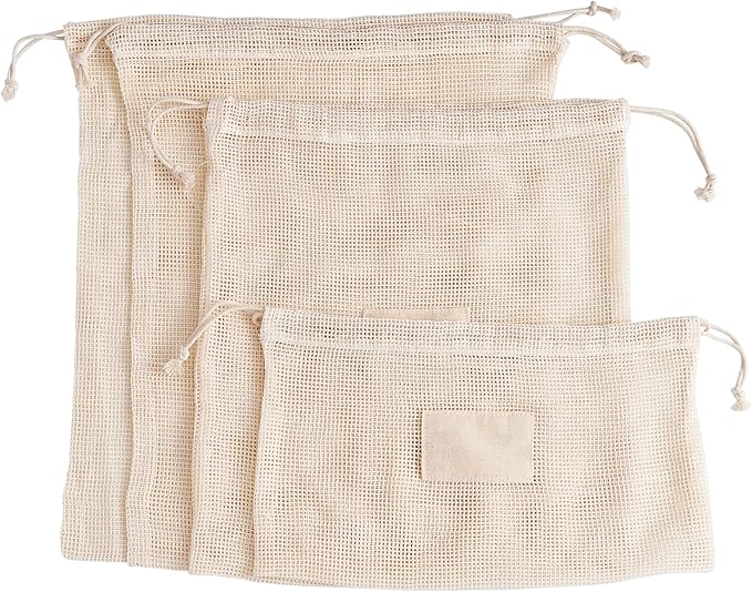 HIC Kitchen Reusable Produce Bags with Drawstring Closure, Unbleached Organic Cotton Mesh, Set of 4 plus Storage Bag