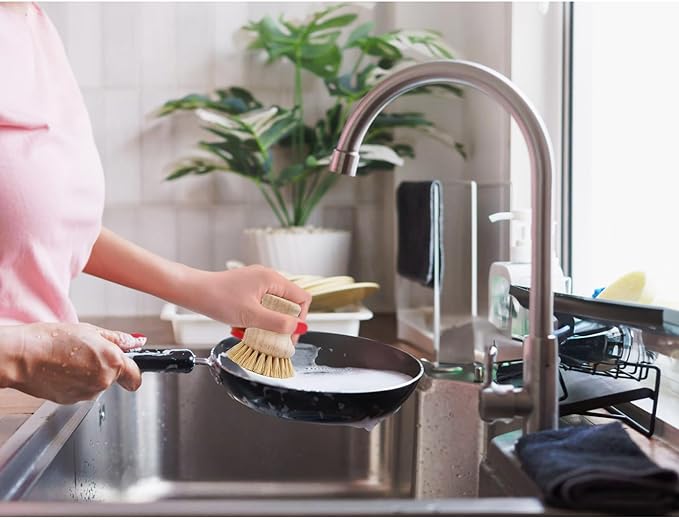 HIC Kitchen Natural Bristle Dish Pan Scrub Brush, Non-Scratch Natural Tampico Bristles with Wooden Handle