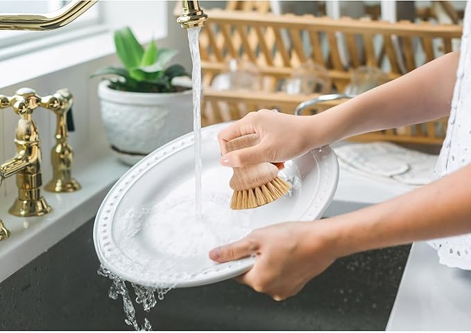 HIC Kitchen Natural Bristle Dish Pan Scrub Brush, Non-Scratch Natural Tampico Bristles with Wooden Handle