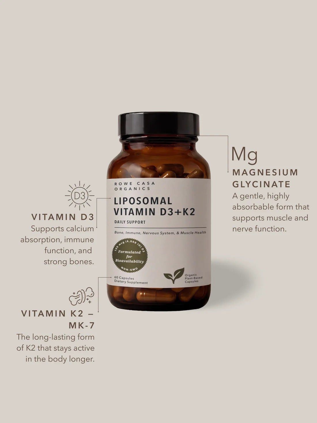 Rowe Casa Organics Liposomal Vitamin D3 + K2 | 60 Capsules