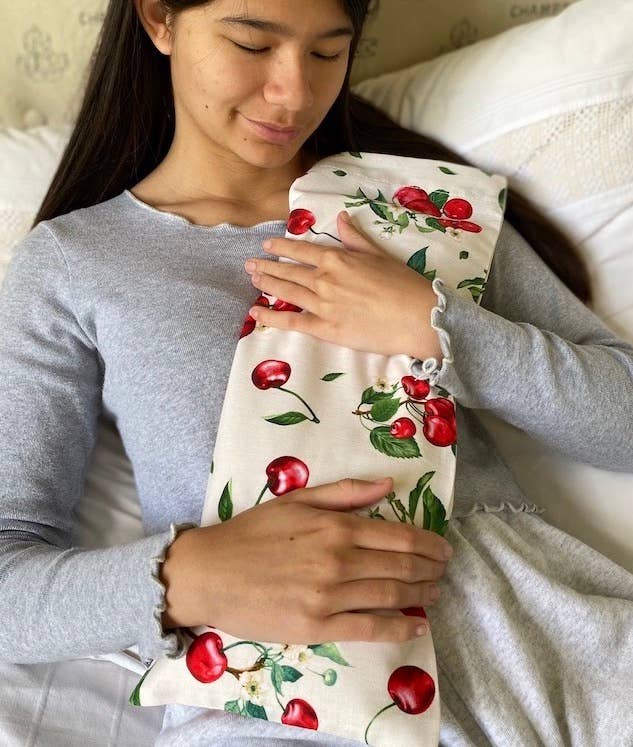 Hot Cherry Pillows - Cervical Neck Pillow - Unbleached Denim, Cherry Print Case
