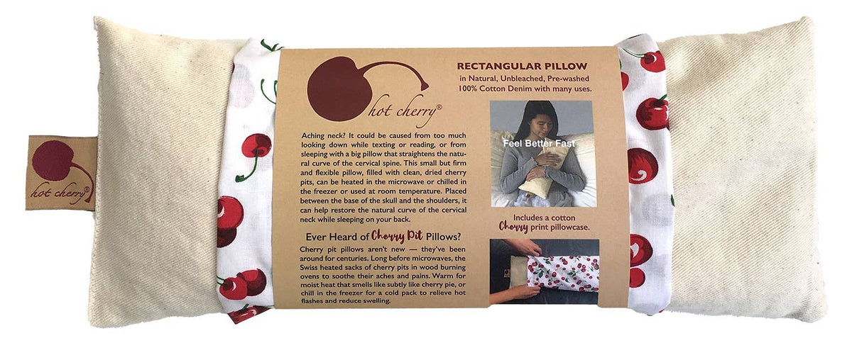 Hot Cherry Pillows - Cervical Neck Pillow - Unbleached Denim, Cherry Print Case