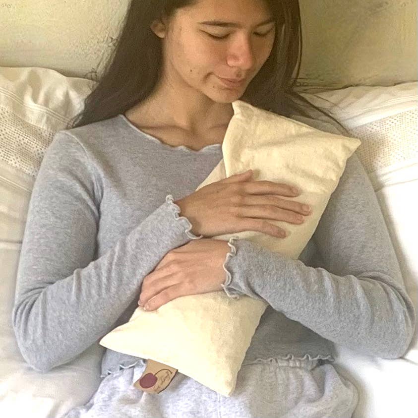 Hot Cherry Pillows - Cervical Neck Pillow - Unbleached Denim, Cherry Print Case