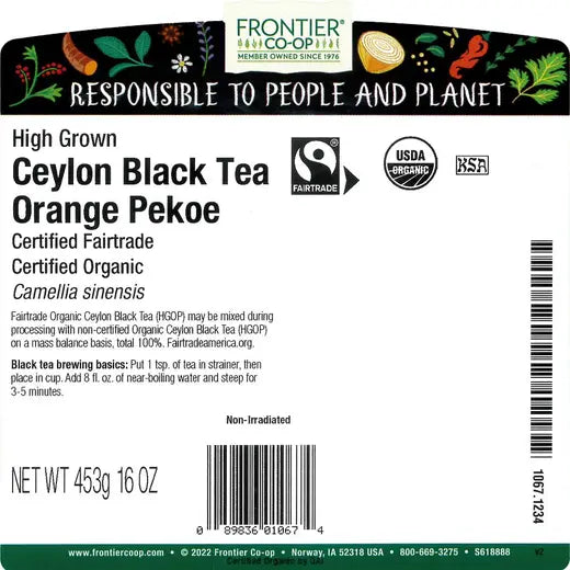 Frontier Co-op Ceylon Black Tea (High Grown OP Grade), Organic, Fairtrade Certified