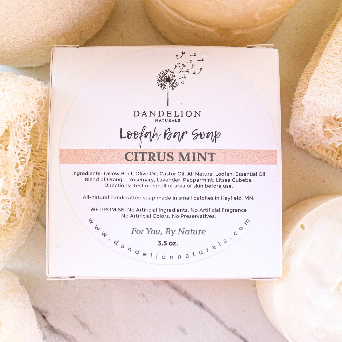 Dandelion Naturals - Exfoliating Tallow Bar Soap with Loofah | Citrus + Mint