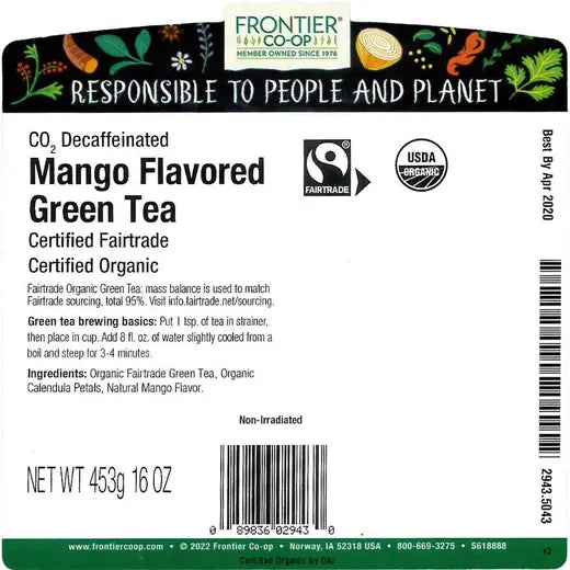 Frontier Co-op CO2 Decaffeinated Mango Flavored Green Tea, Organic, Fairtrade Certified