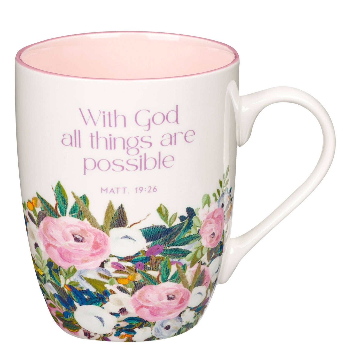 Christian Art Gifts - Mug Multi Floral Purple With God Matt. 19:26