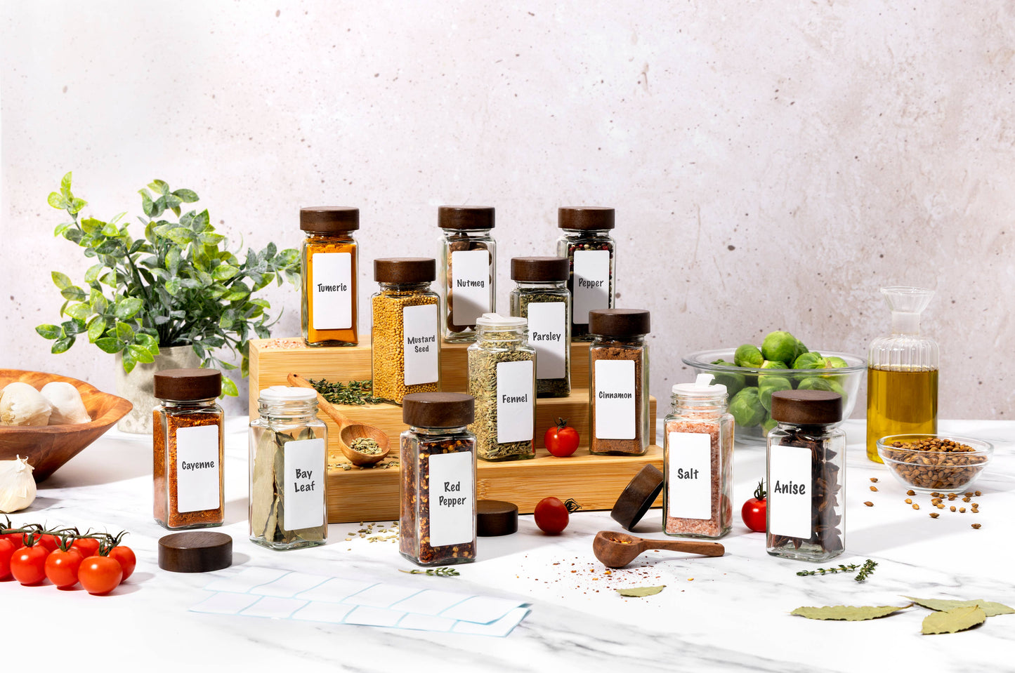 Core Home - 12pk 4oz Glass Spice Jars w/ Acacia Lid & 24 Labels
