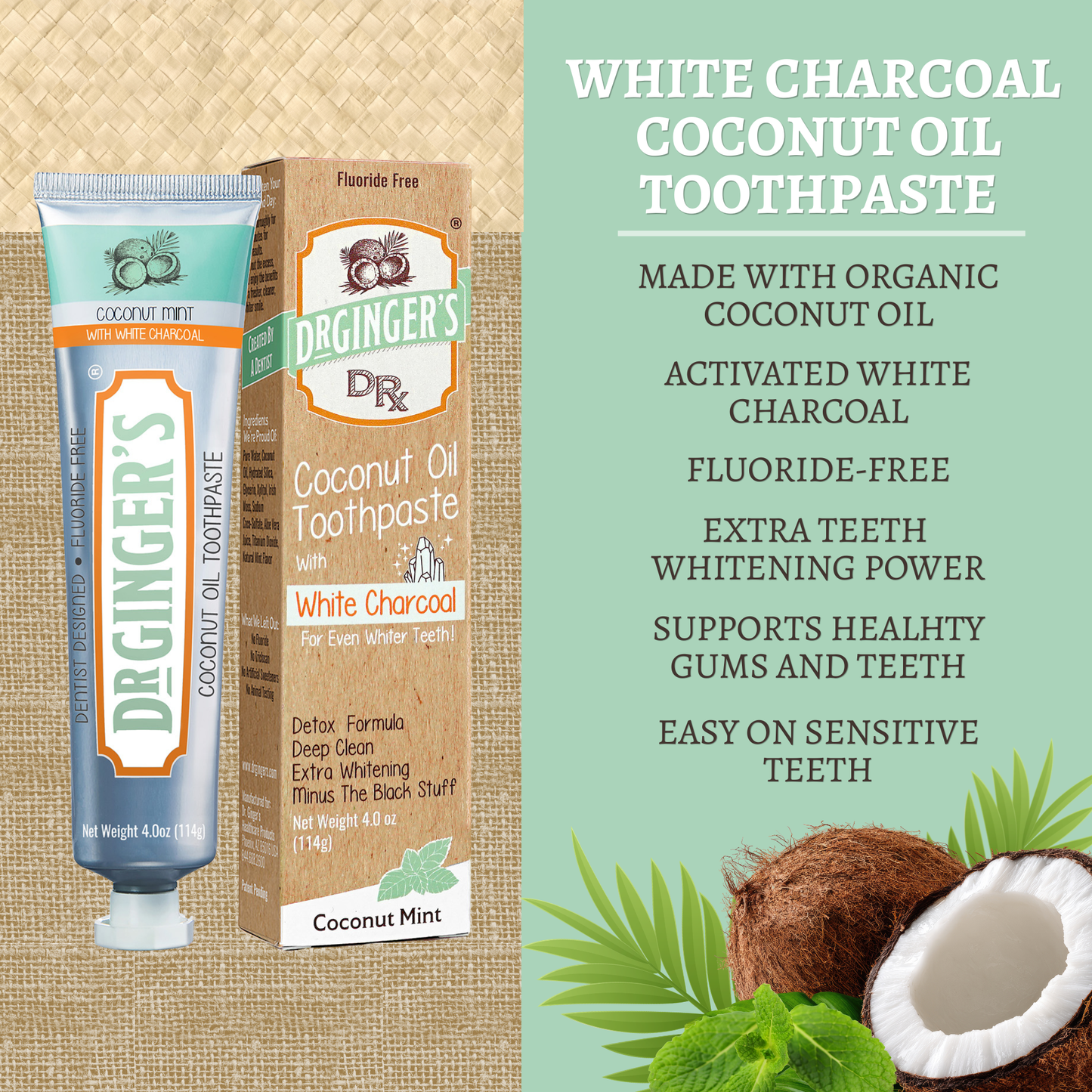 Dr. Gingers - Coconut Oil Toothpaste with White Charcoal | Teeth Whitening