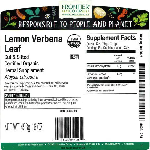 Frontier Co-op Lemon Verbena Leaf, Cut & Sifted, Organic
