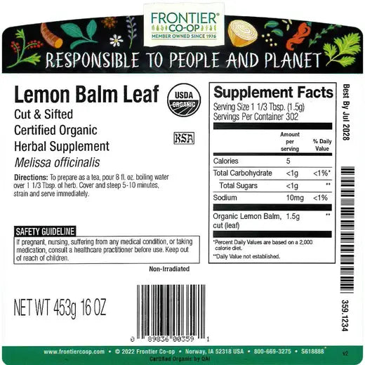 Frontier Co-op Lemon Balm Leaf, Cut & Sifted, Organic