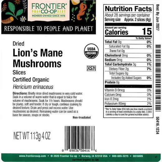 Frontier Co-op Lion's Mane Mushrooms, Dried Slices, Organic