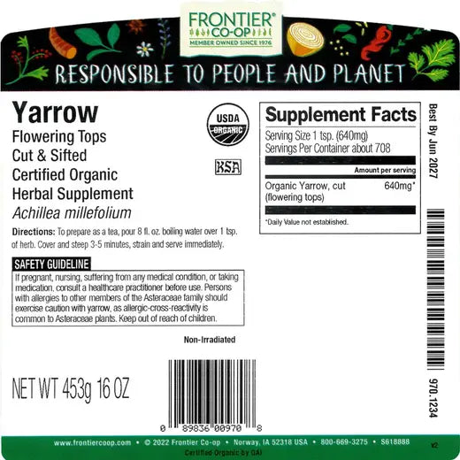 Frontier Co-op Yarrow Flowers, Cut & Sifted, Organic